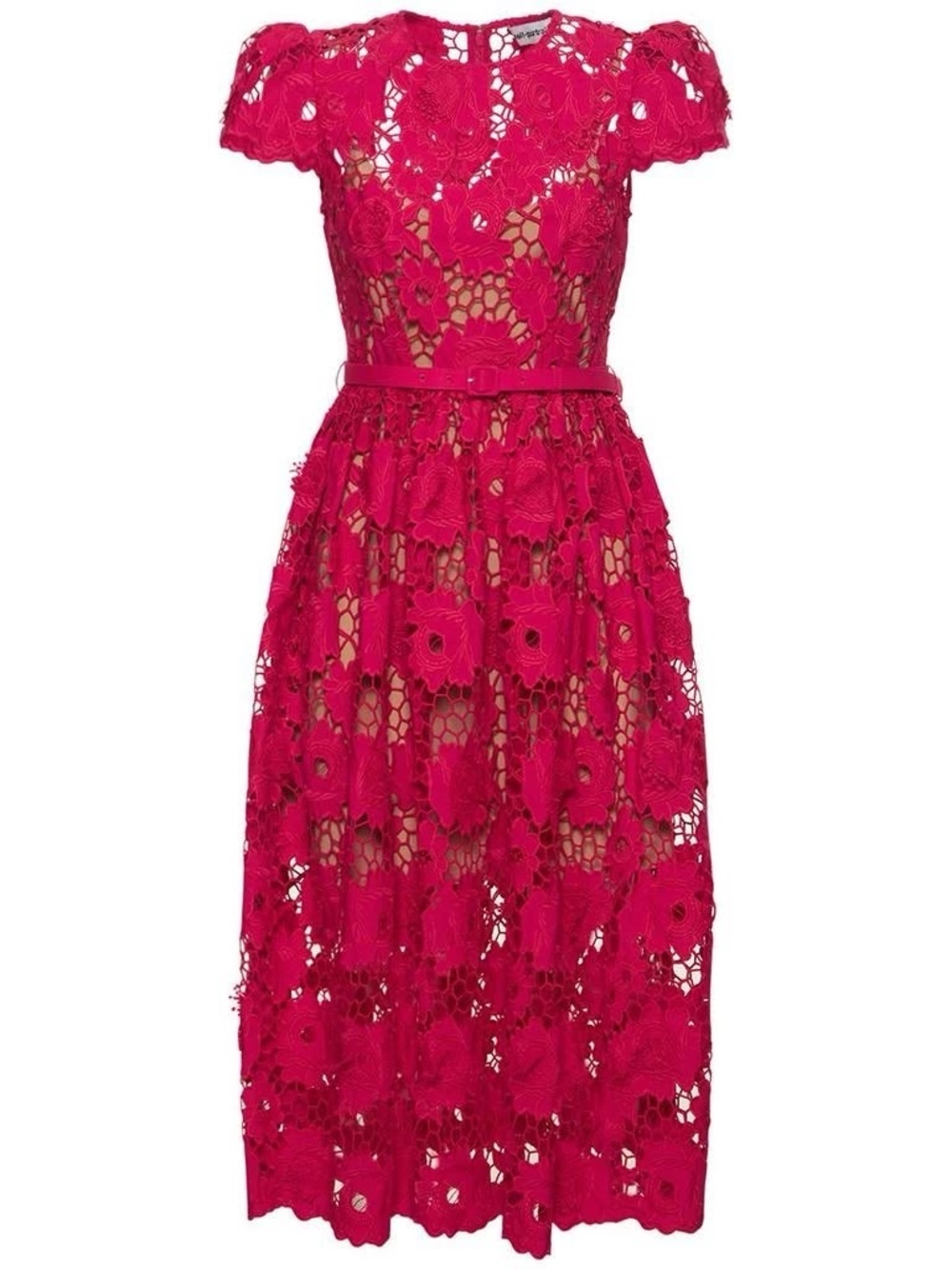 Self-Portrait Hot Pink Belted Floral Lace Midi Dress Size 4 - Picture 7 of 10
